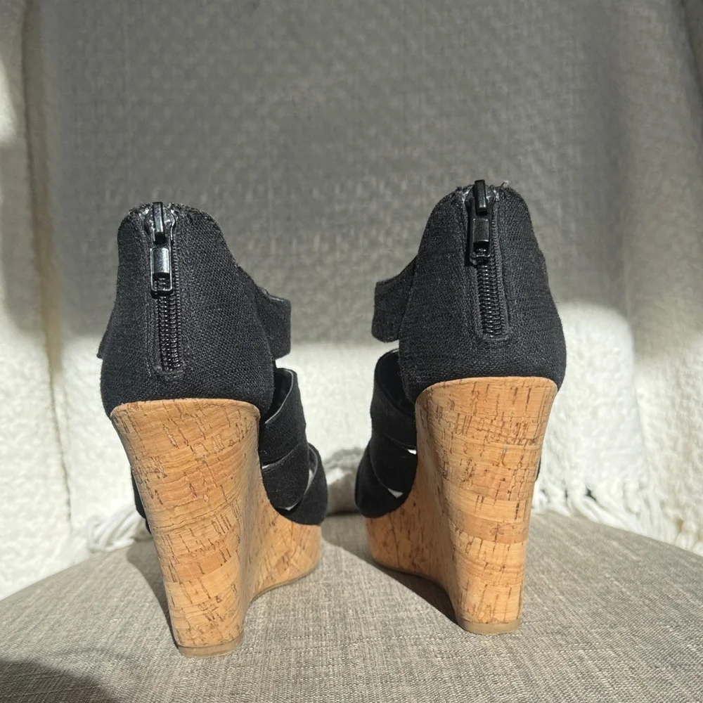 Soda Black Wedge Sandals with Cork Heel